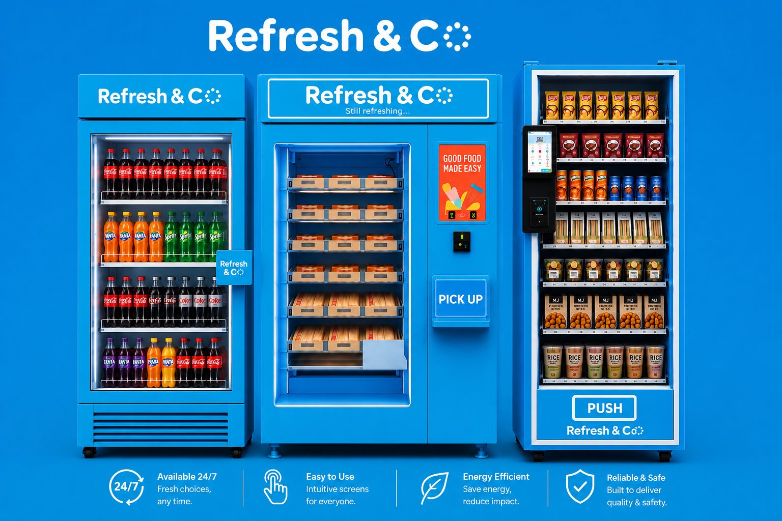 Refresh & Co. Modular Hub — Fridge, Hot Food and Snack machines together